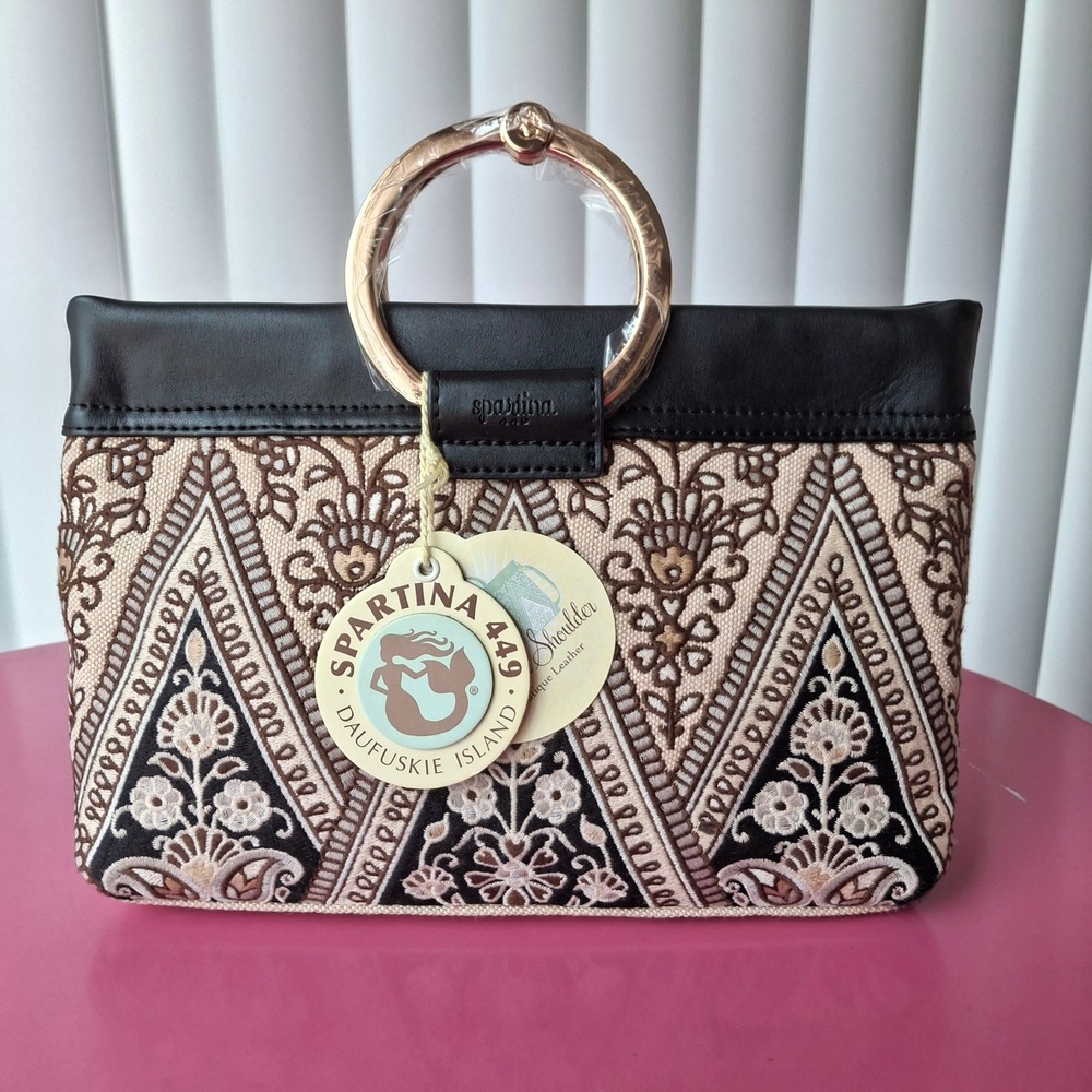 Spartina 449 Henna Shoulder Bag Black Beige Embroidered Leather Ring Handle NWT